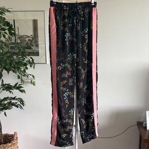 Who What Wear Black Floral Track Pants with Pink Stripes